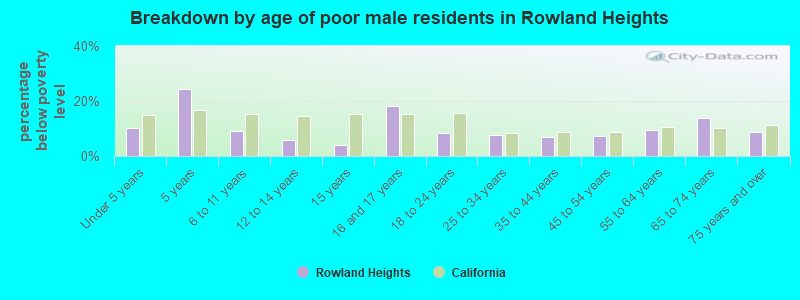 Breakdown by age of poor male residents in Rowland Heights