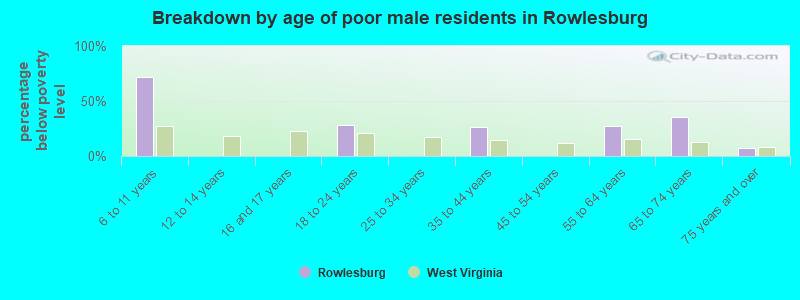 Breakdown by age of poor male residents in Rowlesburg