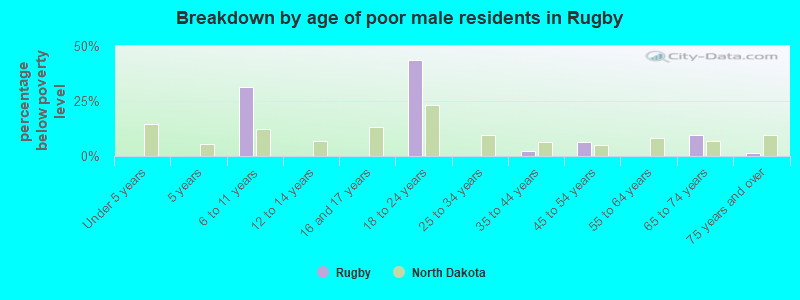 Breakdown by age of poor male residents in Rugby
