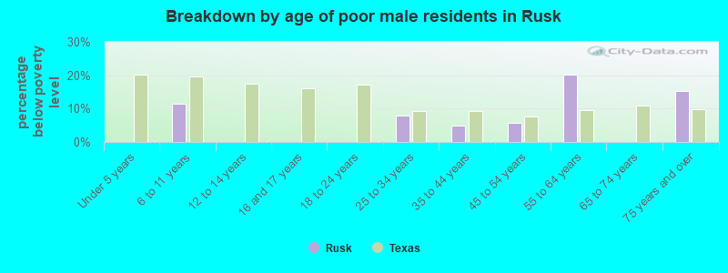 Breakdown by age of poor male residents in Rusk