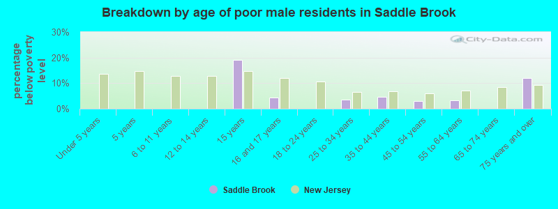 Breakdown by age of poor male residents in Saddle Brook