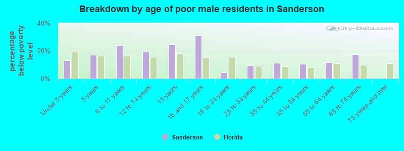 Breakdown by age of poor male residents in Sanderson