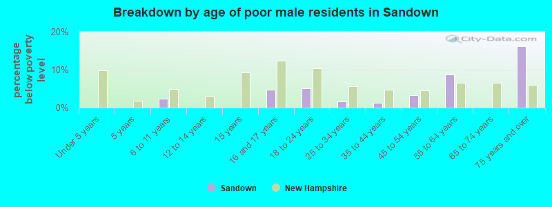 Breakdown by age of poor male residents in Sandown