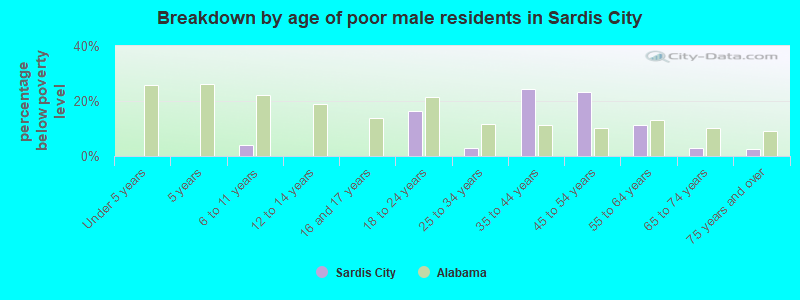 Breakdown by age of poor male residents in Sardis City