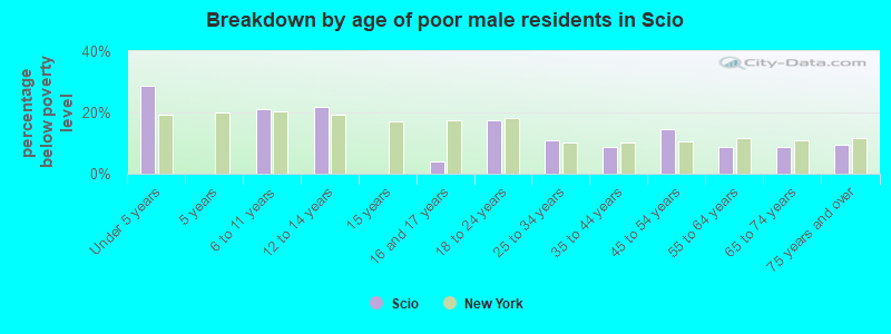 Breakdown by age of poor male residents in Scio