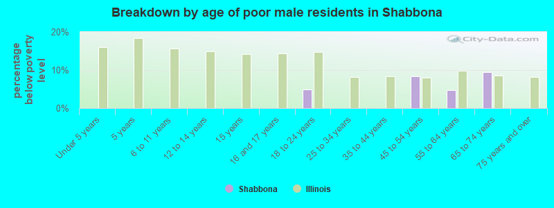 Breakdown by age of poor male residents in Shabbona