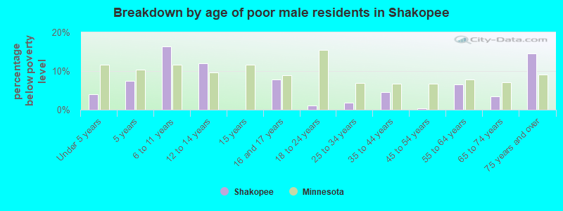 Breakdown by age of poor male residents in Shakopee