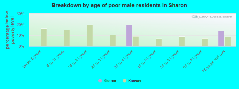 Breakdown by age of poor male residents in Sharon