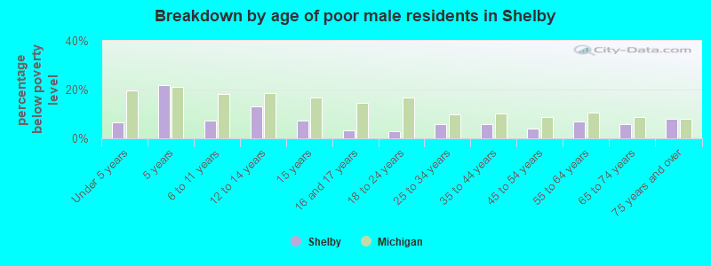 Breakdown by age of poor male residents in Shelby
