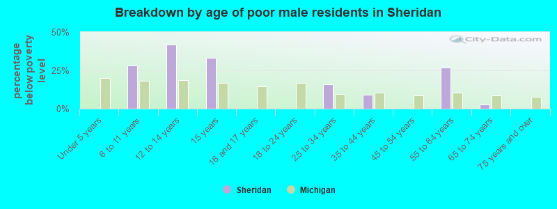 Breakdown by age of poor male residents in Sheridan