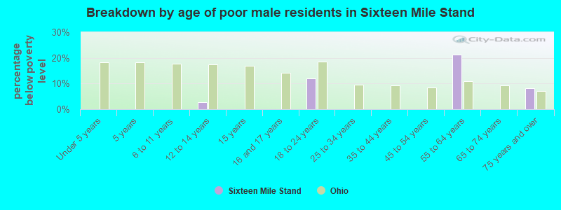 Breakdown by age of poor male residents in Sixteen Mile Stand