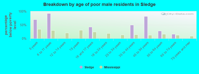 Breakdown by age of poor male residents in Sledge