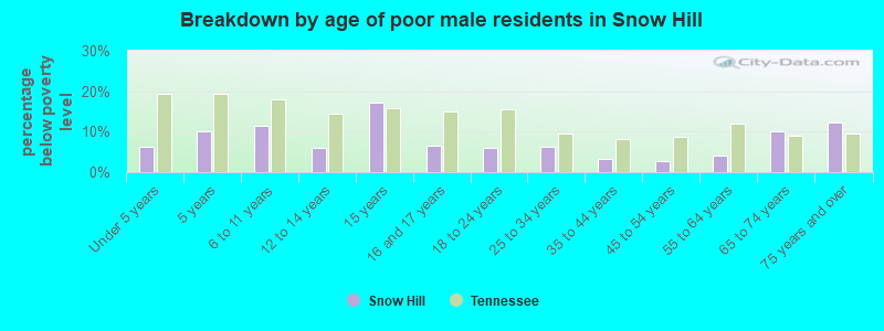 Breakdown by age of poor male residents in Snow Hill