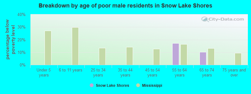 Breakdown by age of poor male residents in Snow Lake Shores