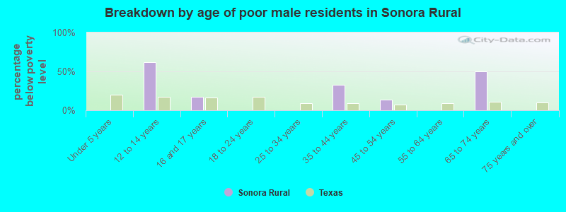 Breakdown by age of poor male residents in Sonora Rural