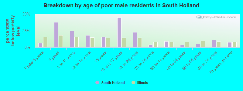 Breakdown by age of poor male residents in South Holland