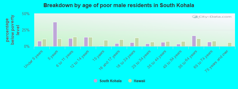 Breakdown by age of poor male residents in South Kohala