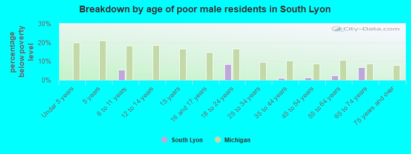 Breakdown by age of poor male residents in South Lyon