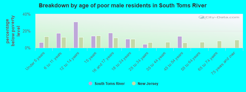 Breakdown by age of poor male residents in South Toms River