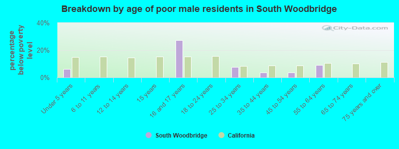 Breakdown by age of poor male residents in South Woodbridge