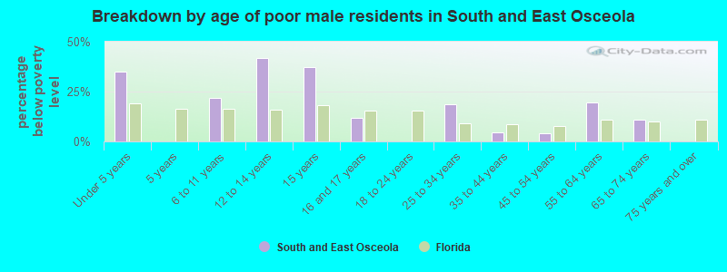 Breakdown by age of poor male residents in South and East Osceola
