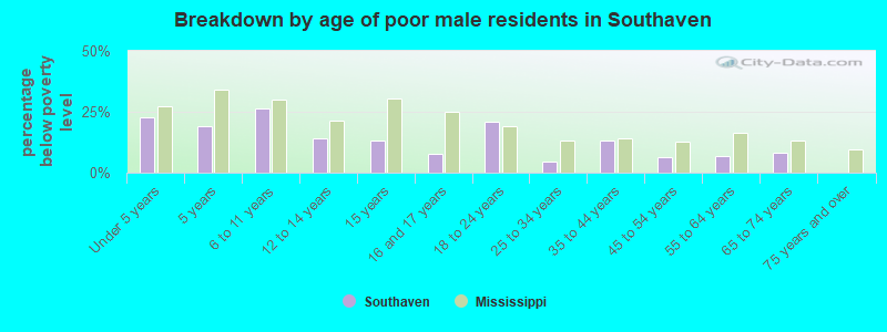 Breakdown by age of poor male residents in Southaven