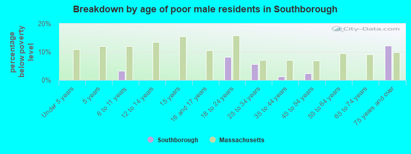 Breakdown by age of poor male residents in Southborough