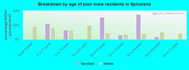 Breakdown by age of poor male residents in Spiceland