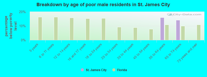 Breakdown by age of poor male residents in St. James City