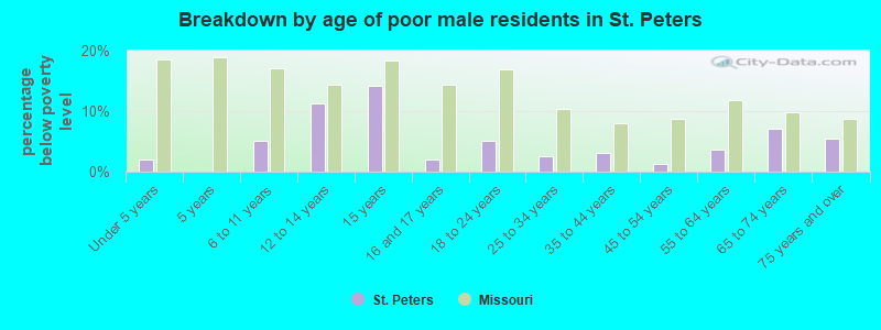 Breakdown by age of poor male residents in St. Peters
