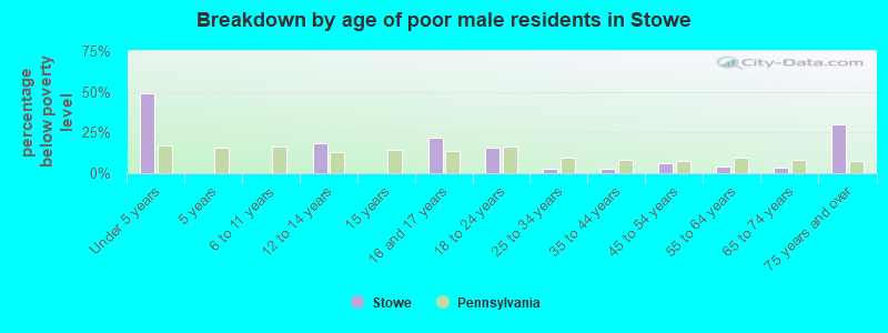 Breakdown by age of poor male residents in Stowe
