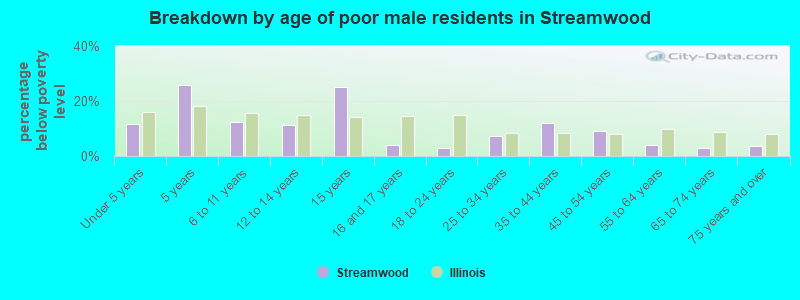 Breakdown by age of poor male residents in Streamwood
