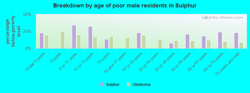 Breakdown by age of poor male residents in Sulphur