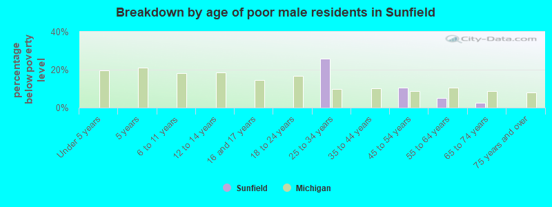 Breakdown by age of poor male residents in Sunfield