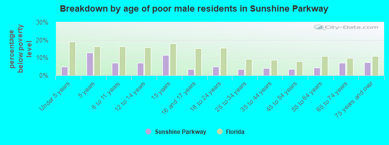 Breakdown by age of poor male residents in Sunshine Parkway