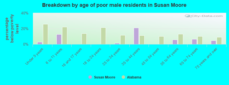 Breakdown by age of poor male residents in Susan Moore