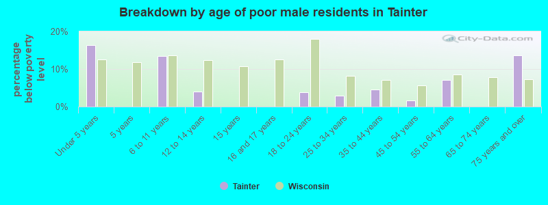 Breakdown by age of poor male residents in Tainter
