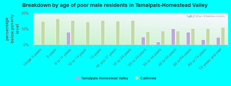 Breakdown by age of poor male residents in Tamalpais-Homestead Valley