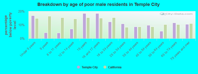 Breakdown by age of poor male residents in Temple City