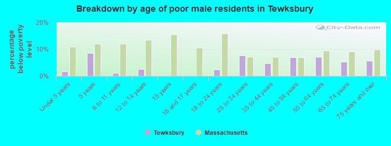 Breakdown by age of poor male residents in Tewksbury