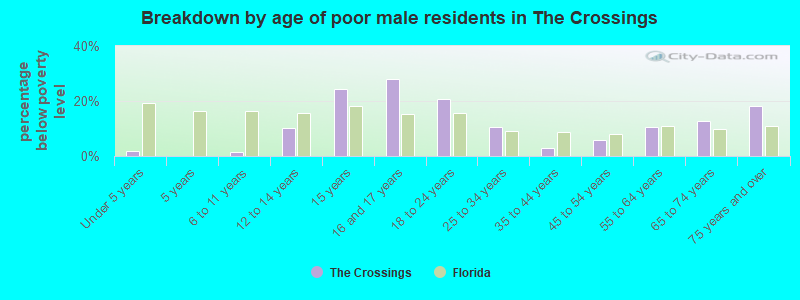 Breakdown by age of poor male residents in The Crossings