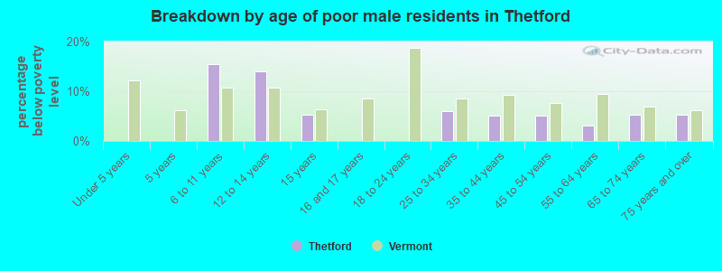 Breakdown by age of poor male residents in Thetford