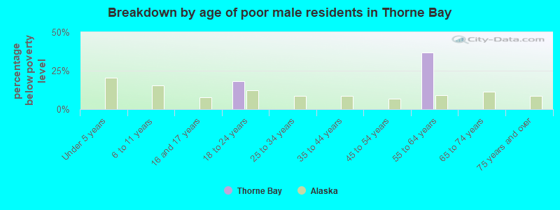 Breakdown by age of poor male residents in Thorne Bay