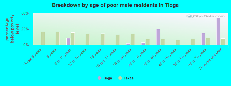 Breakdown by age of poor male residents in Tioga
