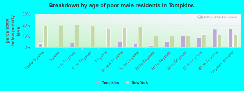 Breakdown by age of poor male residents in Tompkins