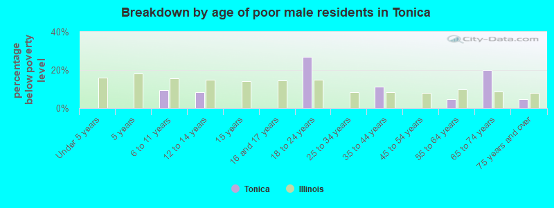 Breakdown by age of poor male residents in Tonica