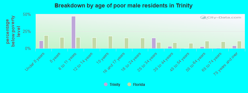 Breakdown by age of poor male residents in Trinity