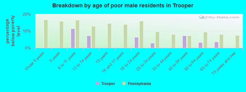 Breakdown by age of poor male residents in Trooper