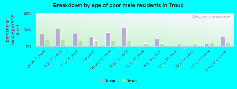 Breakdown by age of poor male residents in Troup