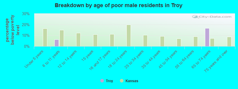 Breakdown by age of poor male residents in Troy